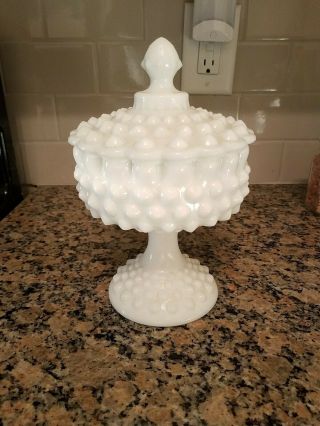 Vtg Fenton White Hobnail Milk Glass Round Footed Compote Lidded Candy Dish