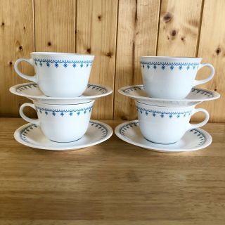 4 Vintage Corelle Livingware Blue Garland Snowflake Coffee Cups And Saucers
