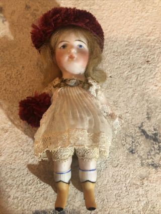 Antique 5” All Bisque Early German Kestner? Doll With Hat & Muff 103