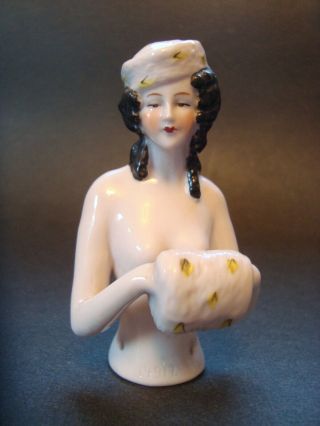 Antique German Porcelain Half Doll W Ermine Fur Hat & Muff Pincushion Top