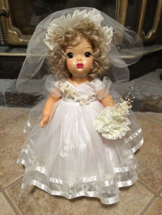 Vintage Terri Lee Doll Hard Plastic Bride Wedding Gown Blonde Brown Eye