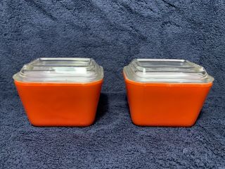 Vintage Pyrex Red Refrigerator Dishes W/ Ribbed Glass Lids / Set Of 2