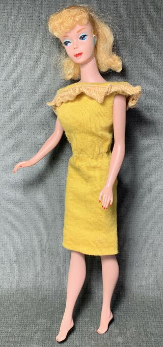 Vintage Ponytail Barbie 5 Doll Blonde Blue Eyes Japan Gold Knit Sheath Dress