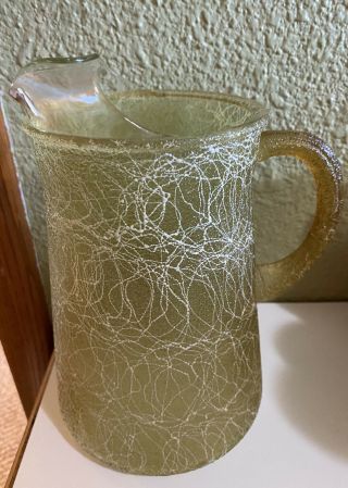 Vintage Mid Century Green Glass White Spaghetti String Pitcher