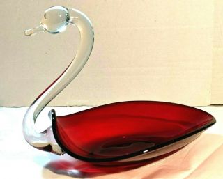 Vintage Oval Ruby Red & Clear Art Glass Swan Long Neck Bird Candy Dish Decor