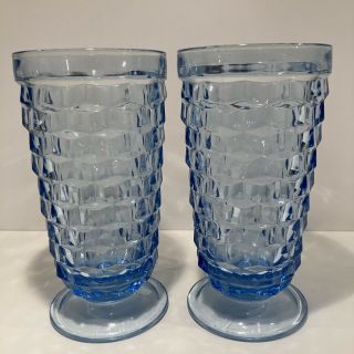 (2) Vintage Indiana Glass Whitehall Colony Light Blue Iced Tea Glasses Cubist