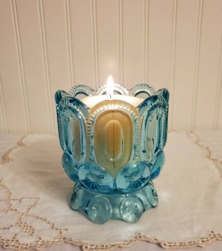 L.  E.  Smith Moon And Stars Aqua Blue Pillar Candle Holder /compote Jar.  5 " X 4.  5