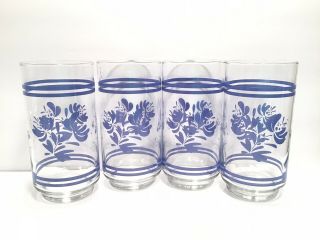 Vintage Libbey Clear With Blue Floral Design Drinking Glasses Set Of 4