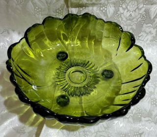 Vintage Green 3 Footed 11 " Huge Bowl Sunburst Pattern Indiana Glass Heavy Perfec