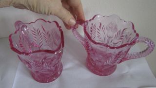 Mosser Pink Depression Glass Thistle Pattern large cream pitcher & sugar bowl 3