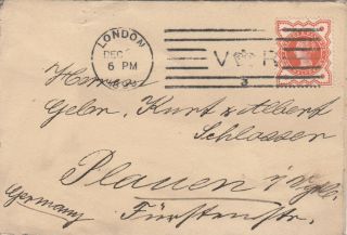 Gb Cover,  Qv ½d Vermilion,  Vr Machine Cancel,  Posted From London To Germany 1899