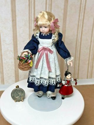 Dollhouse Miniature Vint.  Artisan Victorian Girl Doll In Blue & Lace Dress 1:12