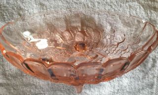Large12 " Oval Pink/peach Glass Oval Bowl With Legs & Grapes/leaves Pattern