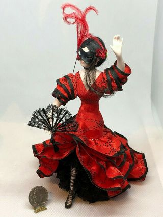Dollhouse Miniature Artisan Porcelain Spanish Lady In Red Dress Doll 1:12