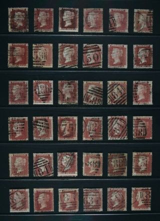 Qv,  Penny Red,  Sg 43,  Thirty Six Examples For Plate Number Identification.