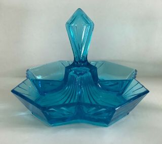 Tiara Indiana Glass Blue Art Deco Pyramid Handled 4 Part Relish Dish