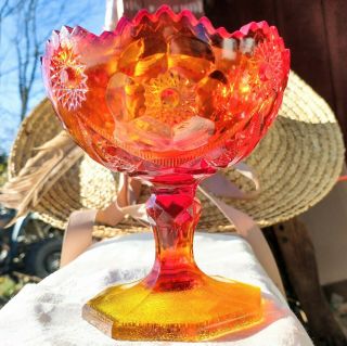 Vintage Kemple Sextec Amberina Glass Compote Stars Flowers Footed Pedestal Bowl