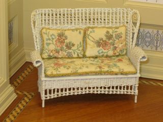 Lee Mccurley Wicker Settee W/ Floral Upholstery - Artisan Dollhouse Miniature
