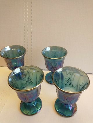 Set Of 4 Vintage Indiana Carnival Glass Iridescent Blue Harvest Grape Goblets