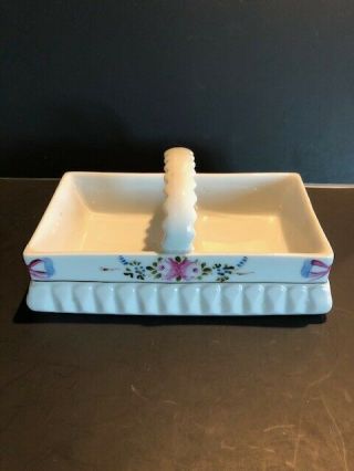 Vintage Hand Painted Ceramic Rectangle Basket With Roses And Bows