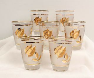 Set Of 7 Libbey Gold Leaves Mcm Juice Glasses 3.  5 Inches Tall