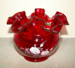 Fenton Ruby Red Bowl Vase W/ Hand Painted White Roses
