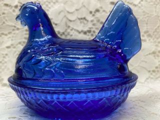 Blue Vaseline Glass Hen Chicken On Nest Basket Candy Dish Cobalt Uranium Butter