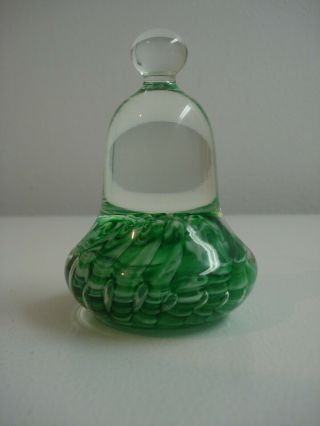 Vintage Signed Joe St Clair Bell Paperweight 4 1/4 " - - Green & White Swirl - - Lovely