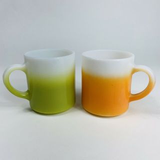 2 Early 20th Century Hazel Atlas Ombre Green & Orange,  On White Milk Glass Mugs