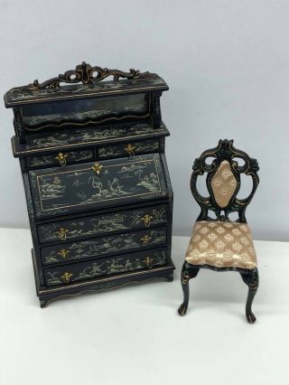 Dollhouse Miniatures 1:12 Scale Bespaq Oriental Painted Desk And Chair