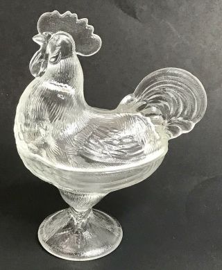 Vintage L.  E.  Smith Clear Glass Rooster 2 Piece Covered Pedestal Candy Dish