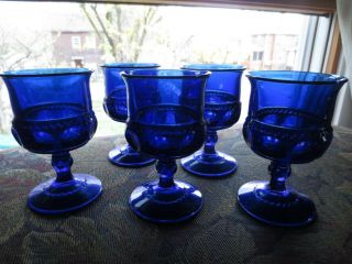 Vintage 5 Cobalt Blue Kings Crown Thumbprint Glass Tumblers Juice Goblets 4.  5 "