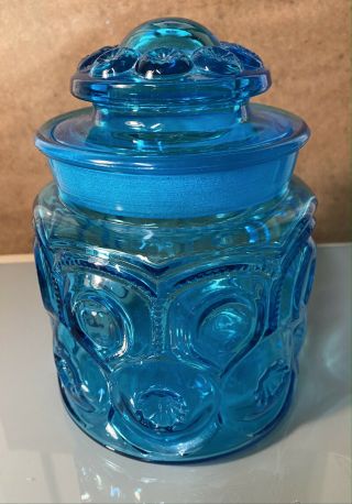 Vintage Le Smith Blue Moon & Stars Canister Apothecary Jar 7 " W/ Lid