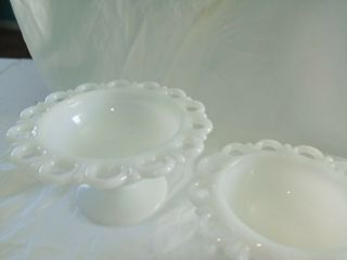 2 Vintage White Milk Glass Lace Edge Pedestal Footed Candy Dishes