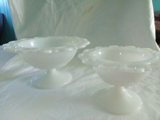 2 Vintage White Milk Glass Lace Edge Pedestal Footed Candy Dishes 2