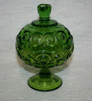 Vintage Le Smith Green Moon And Stars Pedestal Compote Candy Bowl With Lid