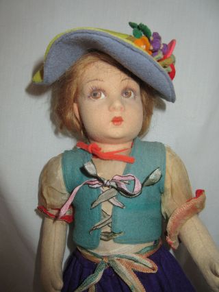 Antique 1920 - 40s 14 " Lenci Girl Doll W Felt European Costume And Hat