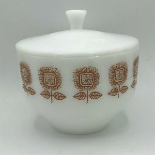 Vintage Federal Glass White Bowl Casserole W/ Lid Brown Sunflower Milk Glass