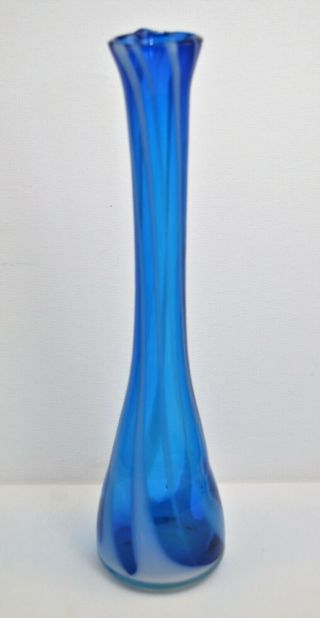 Vintage Hand Blown Glass Cobalt Blue Vase White Strips