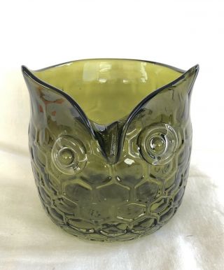 Vintage Blenko Glass Hand Blown Owl Vase Pitcher Honeycomb Green