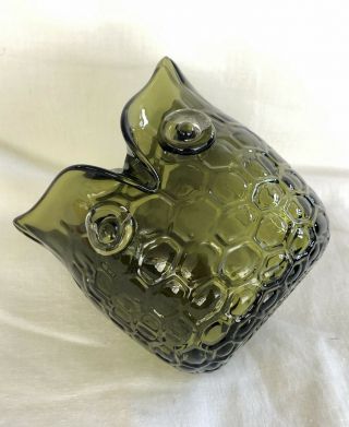 Vintage Blenko Glass Hand Blown Owl Vase Pitcher Honeycomb Green 2