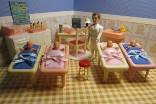 Renwal Hospital Nursery Set W/ Nurse,  Vintage Plastic Dollhouse Furniture 1:16