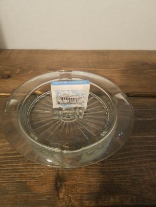 Vintage Clear Glass Round Starburst Ashtray With Match Holder 5.  5 Inch Diameter