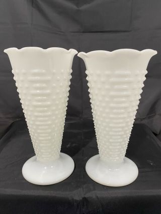 Pair (2) Of Vintage Anchor Hocking Large Milk Glass Hobnail Vase 9 1/2 " Tall