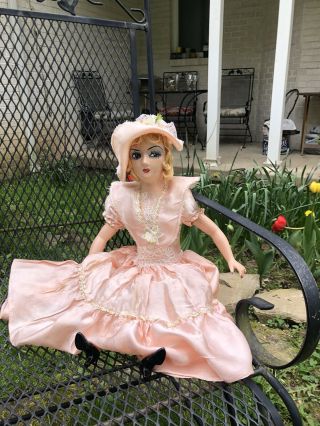Antique/ Vintage Composition French Boudoir Doll With Plastic Arms 22”