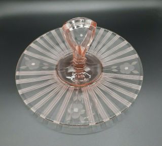Vintage Pink Depression Glass Handled Tidbit Tray With Etched Flowers And Lines