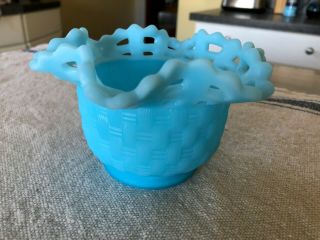 Vintage Fenton Blue Milk - Glass Candy Bowl With Basket Weave Pattern
