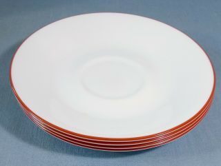 Corelle By Corning Usa Set Of (4) Classic White W/ Red Band / Rim Saucers Euc