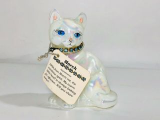 Fenton White Iridescent Cat With Aquamarine Rhinestone Necklace Tags
