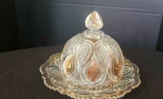 Eapg 1900 Domed Butter Dish U S Glass Jersey Pattern Loops & Drops Gold Trim
